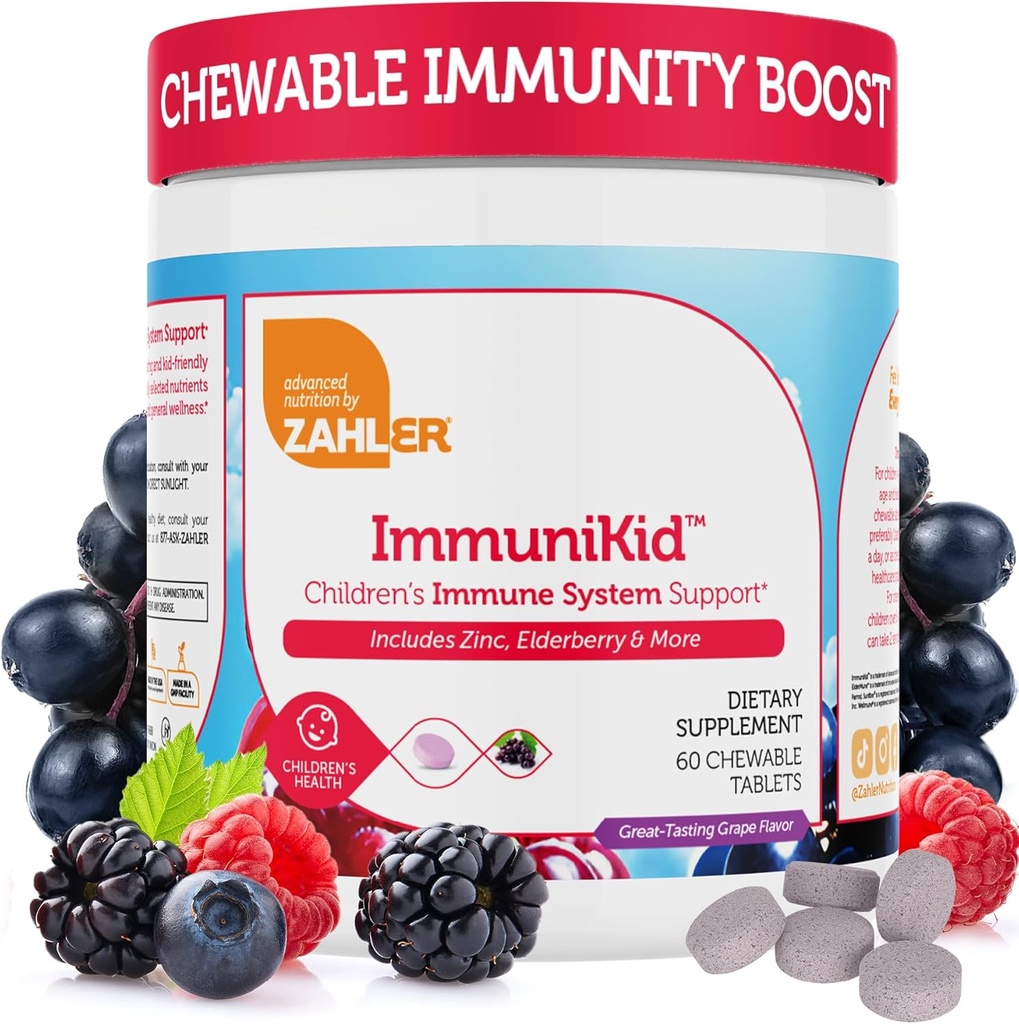 Zahler Kids Immune Support Supplement with Elderberry, Zinc and Vitamin C D3 A - Μασώμενα δισκία σταφυλιού - Kosher for Kids Ηλικίες 4 και Up, 60 Count