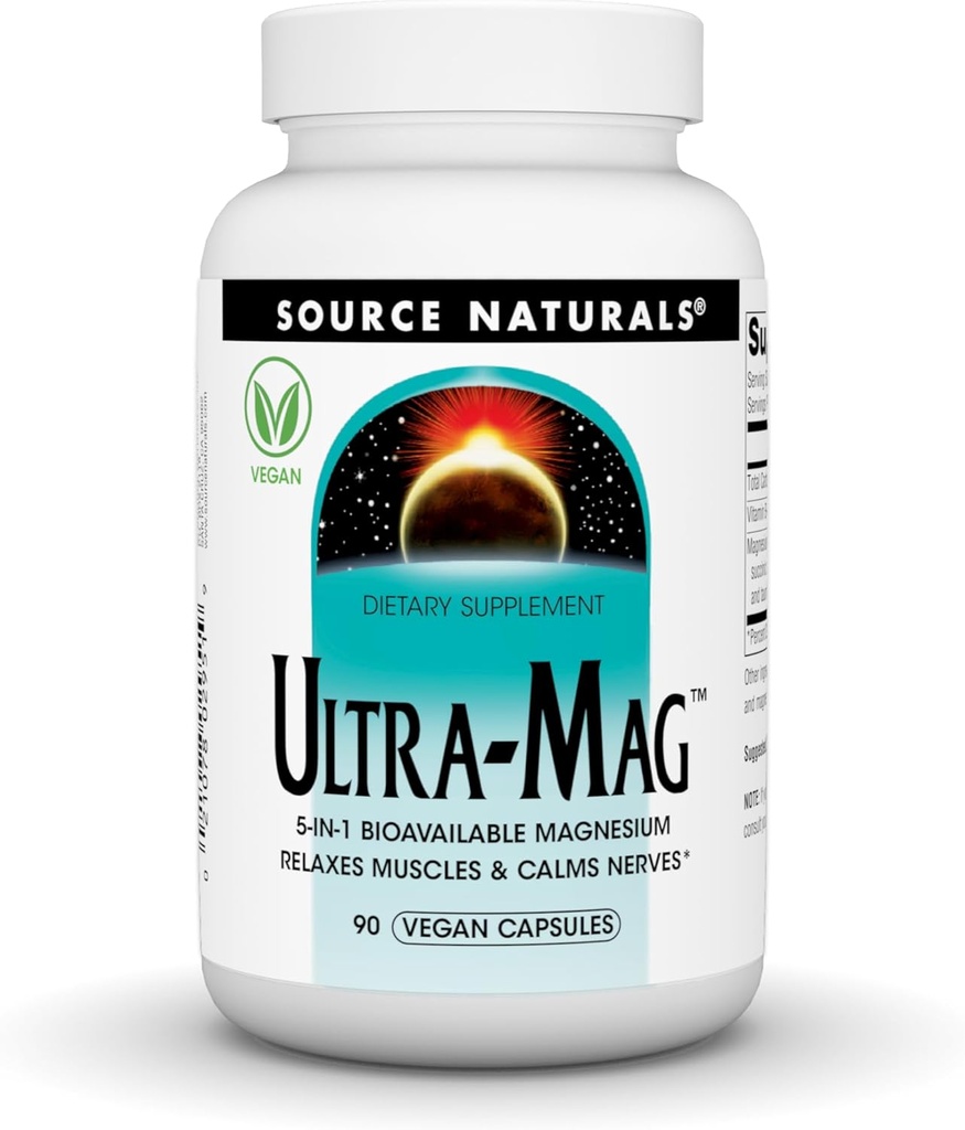 Source Naturals Ultra-Mag, Vegan Dietary Supplement, 5-in1 Bioδιαθέσιμο μαγνήσιο, Χαλαρώνει τους μυς και ηρεμεί τα νεύρα*, Vegan Κάψουλες (90)
