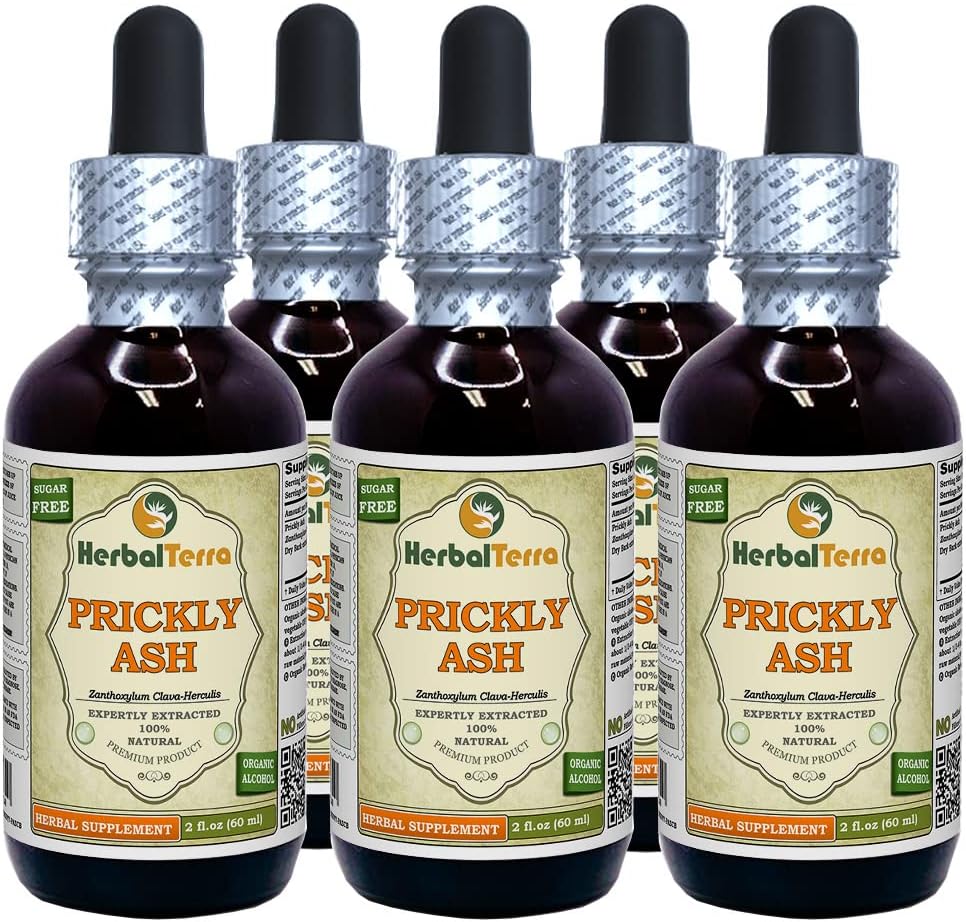 Prickly Ash (Zanthoxylum Clava-herculis) Tincture, Dried Bark Liquid Extract (Brand Name: HerbalTerra, Proudly Made in USA) 5x2 fl.oz (5x60 ml)