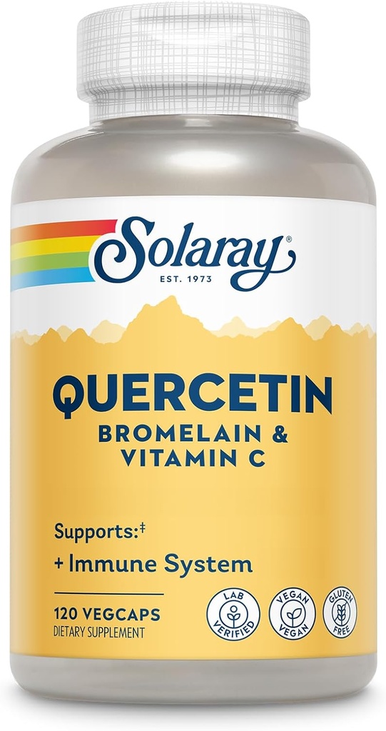 SOLARAY Quercetin με Βρομελαΐνη και Βιταμίνη C - Συμπλήρωμα Ανοσολογικής Υποστήριξης - Αντιοξειδωτικό και Καρδιολογικό Σύμπλεγμα Υγείας με Quercetin 500mg και 1235mg VIT C - Vegan, 60-Day Εγγύηση, 60 Serv, 120 VegCaps