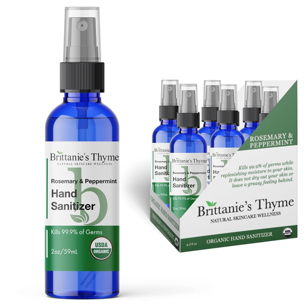 Brittanie'nin Thyme Organik Seyahat El Sanitizer Mix, Rosemary & Peppermint 2oz 6 Kont | Vitamin E Aloe Moisturing | Non Greasy & Replenishes Moisture & Nourishes Skin