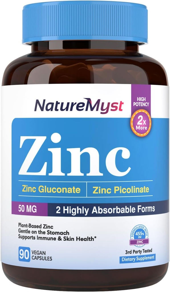 Çinko, Yüksek derecede Absorbable Çinko Gluconate & Çinko Picolinate, 50 mg of Elemental çinko, Stomach, Immune, Hücre & Skin Health, 90 Vegan Caps