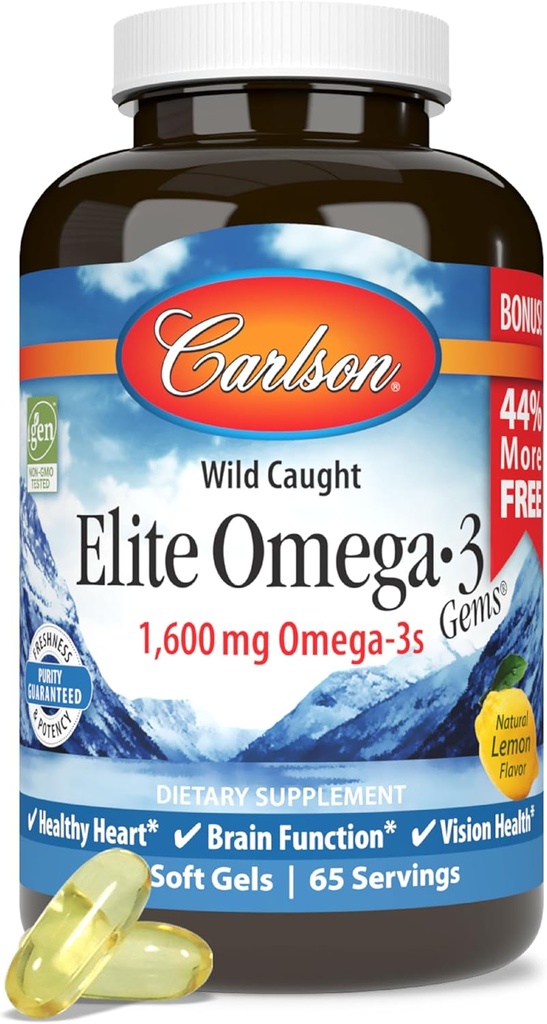 Carlson - Elite Omega-3 Gems, 1600 mg Omega-3 Fatty Acids Including EPA ve DHA, Norveç, Wild-Caught Fish Oil Supplement, Sustainable Sourced Omega 3 Fish Oil Capsules, Lemon, 130 Softgels