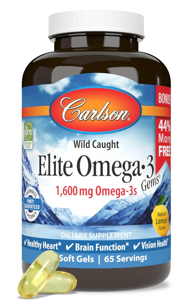 Carlson - Elite Omega-3 Gems, 1600 mg Omega-3 Fatty Acids Including EPA ve DHA, Norveç, Wild-Caught Fish Oil Supplement, Sustainable Sourced Omega 3 Fish Oil Capsules, Lemon, 130 Softgels