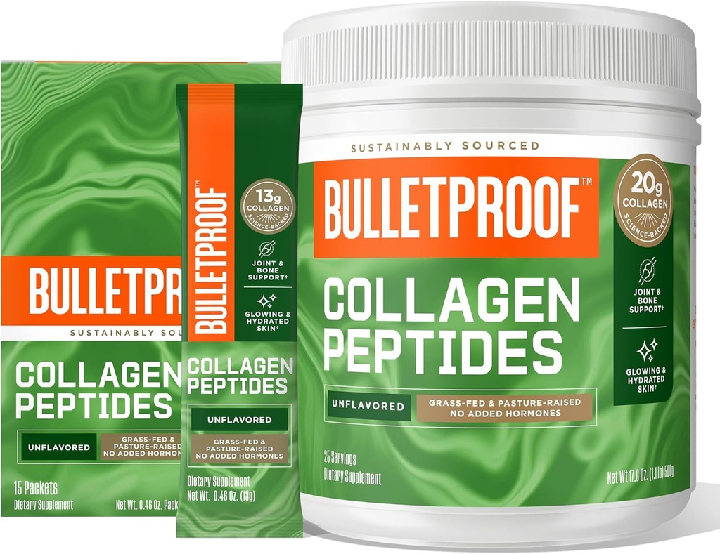 Kurşun geçirmez Unflavored Collagen protein Toz, 18g protein, 17.6 Oz, Unflavored Collagen Protein Toz GoPacks, 12g Protein, 15 Pack, Grass Fed Collagen Peptides ve Amino Asits