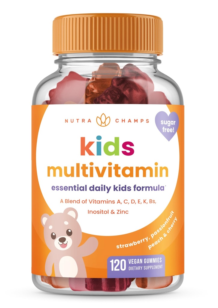 NutraChamps Kids Multivitamin Gummies | Sugar Free 120 Gummy Vitamins for Kids | Vegan & Non-GMO | Strawberry, Passionfur, Peach & Cherry