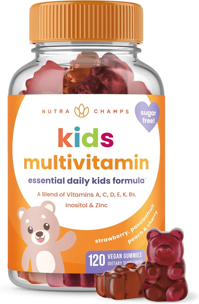 NutraChamps Kids Multivitamin Gummies | Sugar Free 120 Gummy Vitamins for Kids | Vegan & Non-GMO | Strawberry, Passionfur, Peach & Cherry