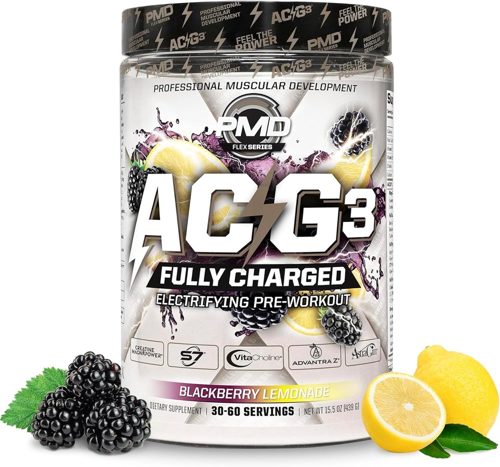 PMD Sports ACG3 Tam şarj edildi - Elektrikli Pre Workout Toz - High Energy & Pump Pre Workout for Men and Women to Maxising Focus, Endurance & Performance - BlackBerry Lemonade (30-60 hizmet)