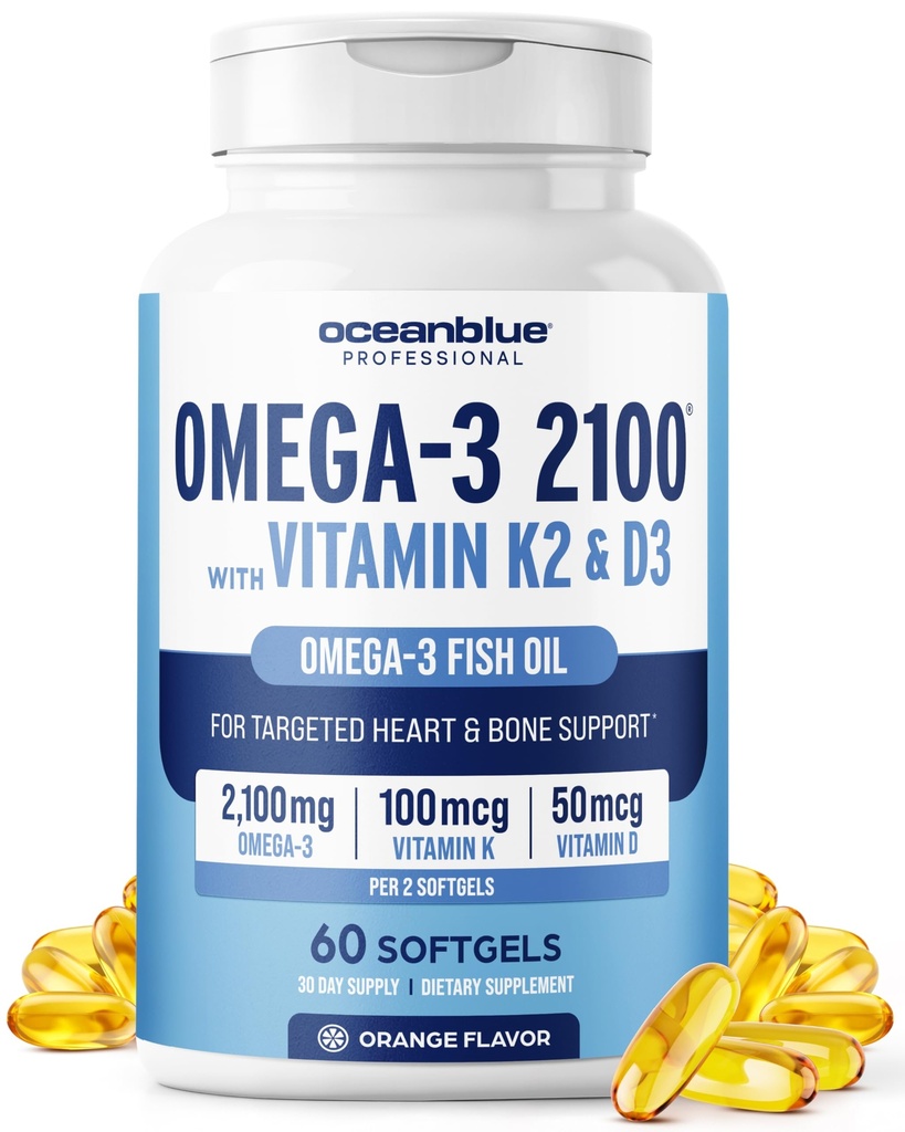 Oceanblue Professional Omega-3 2100 Vitamin K2 ve Vitamin D3-60 Kont - Triple Strength Burpless Fish Oil Omega-3 Supplement with EPA, DHA & DPA - Wild Caught - Orange Flavor, 30 Hizmet