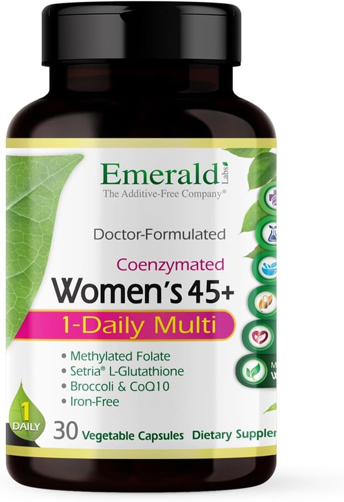 EMERALD LABS Γυναικεία 45+ 1-Καθημερινή πολυβιταμίνη - Πλήρης πολυβιταμίνη για την ολοκληρωμένη υποστήριξη, τα οστά και την καρδιά υγεία* - Σχεδιασμένο για γυναίκες 45+ - Χωρίς γλουτένη & χορτοφάγους - 30 κάψουλες λαχανικών
