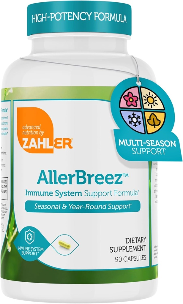 Zahler AllerBreez Immune System Support Formula C, Quercetin, Vitamin B5, MSM & Sting Nettle - Mevsimlik & Year-Round Immune Support Supplement, Dhist Alerji Supplement (90 Capsules)