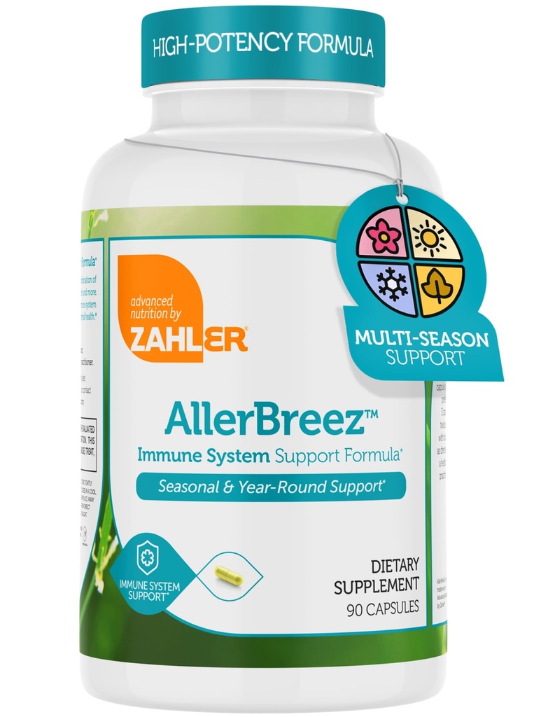 Zahler AllerBreez Immune System Support Formula C, Quercetin, Vitamin B5, MSM & Sting Nettle - Mevsimlik & Year-Round Immune Support Supplement, Dhist Alerji Supplement (90 Capsules)