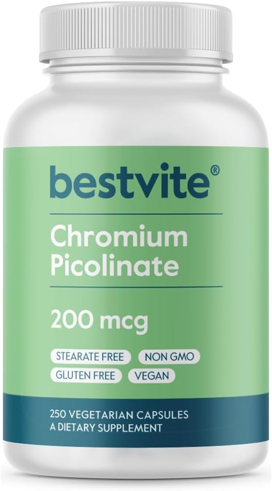 BESTVITE Chromium Picolinate 200 Telefon (250 Vejetaryen Capsules) - No Stearates - No Dicalcium Phosphate - Vegan - Gluten Free - Non-GMOMO