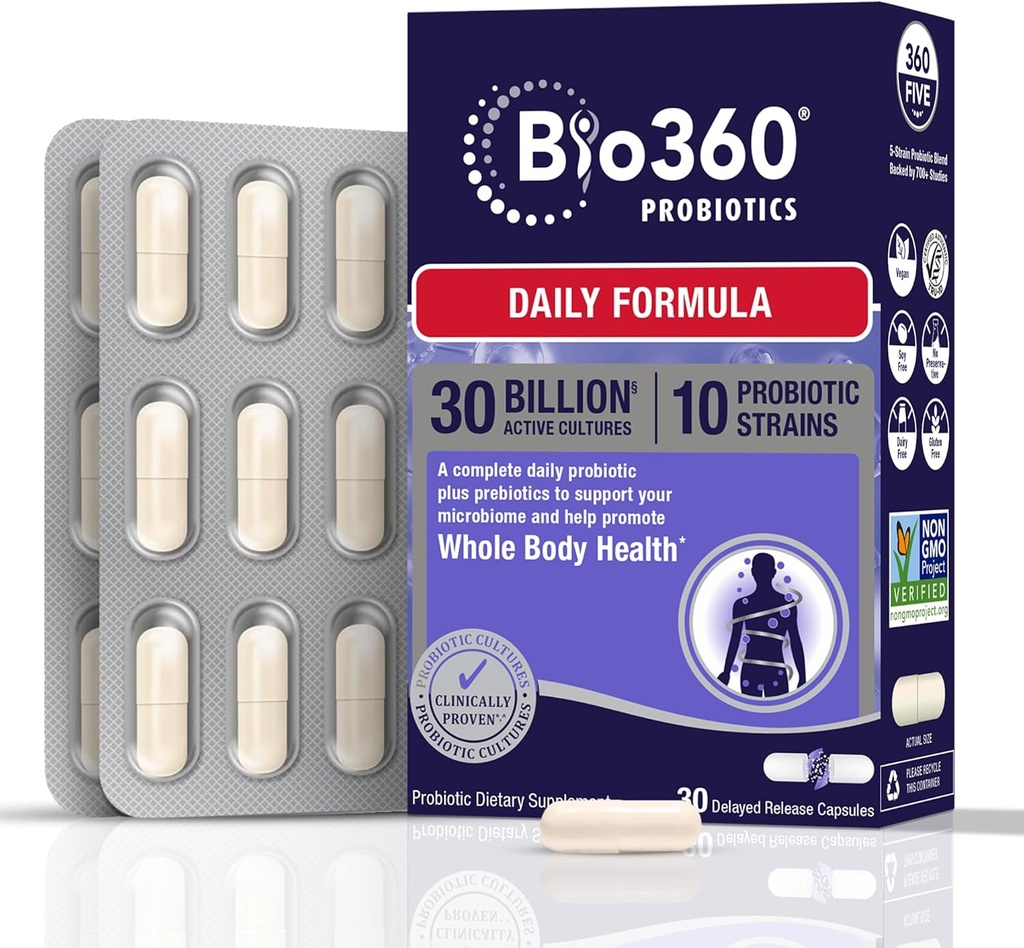 Bio360 Yetişkin Günlük Probiyotik Supplement for Women & Men, 30 Milyar CFU, 10 Strains, Organik Prebiyotik Fibers, Digestive & Immune Health, Occasional Constipation, Diarrhea, Gas & Bloating, 30CT