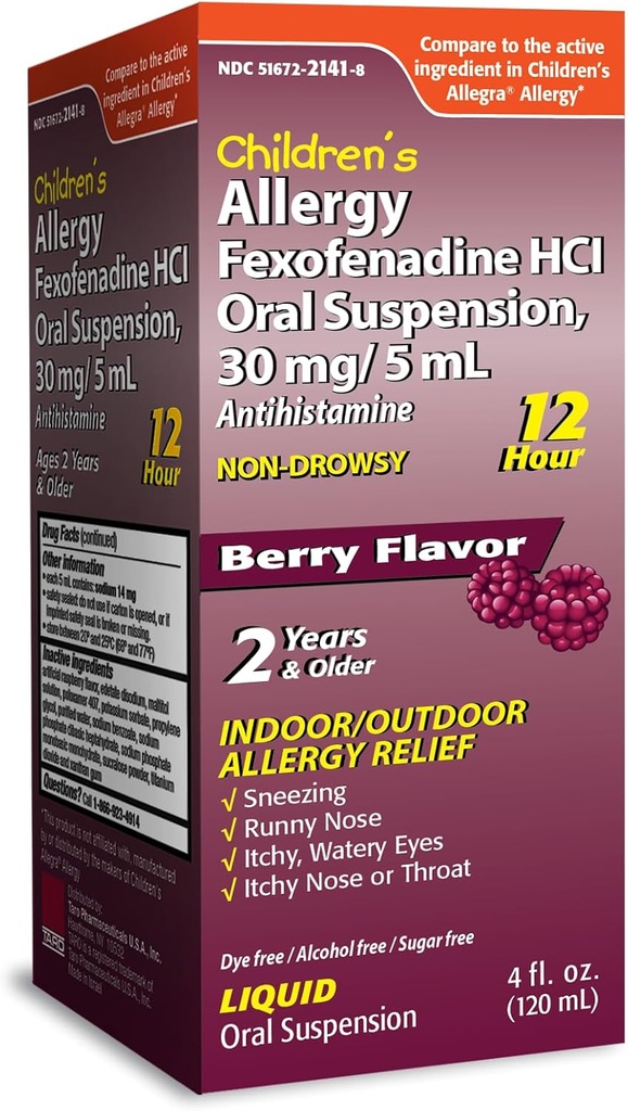 TARO Children's 12HR Allergy Relief Non-drowsy Antihistamine Liquid, Berry Flavor, Alcohol-Free, Dye-Free & Sugar Free, Fexofenadine HCl (4 oz)