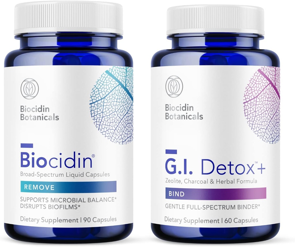 Biocidin Capules and GI Detox+ Binder Bundle - Υποστηρίζει την αποσυναρμολόγηση των βιοφίλμ, την υγιή αποτοξίνωση και τον πλήρη καθαρισμό του σώματος με βοτανικά, ζεόλιθο και ενεργοποιημένο άνθρακα