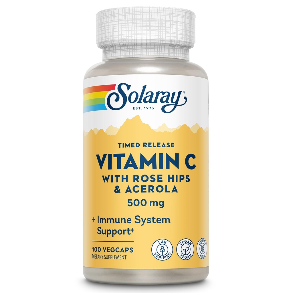Solaray C Two Stage Timed Release with Rose Hips and Acerola Supplement, 500 mg, 100 Count