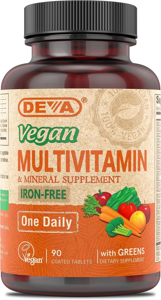 DEVA Vegan Iron-Free Multivitamin & Mineral Supplement, Green Food Mix, Spirulina, Chlorella, Ashwagandha, Broccoli, 90 Tabletler