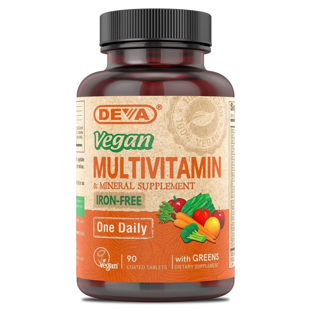 DEVA Vegan Iron-free Multivitamin & Mineral Supplement, Green Food Blend, Spirulina, Chlorella, Ashwagandha, Broccoli, 90 Επικαλυμμένα δισκία