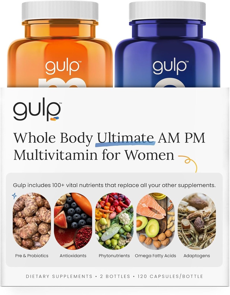 Gulp Ultimate Multivitamin for Women - AM PM Supplements for Natural Energy, Immunity, Gut Health & Sleep | Probiyotiks, Vitamin D, Biotin, B12, Mushrooms, Omega 3 & More | 30 Servisler