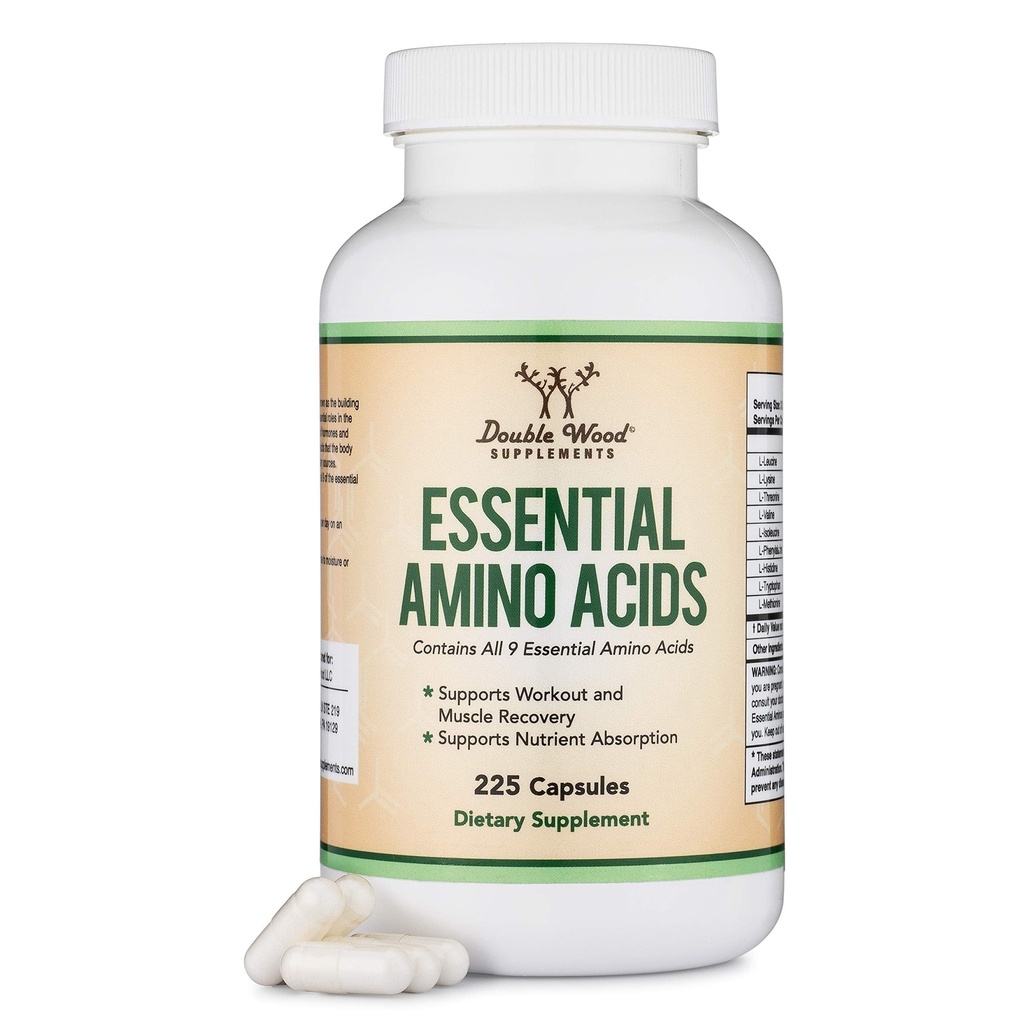 Essential Asitler - 1 Gram Per Tüm 9 Essential Aminos (EAA) ve All Branched-Chain Reeses (BCAAs) (Leucine, Isoleucine, Valine) 225 Capsules, Gluten Free, Double Wood