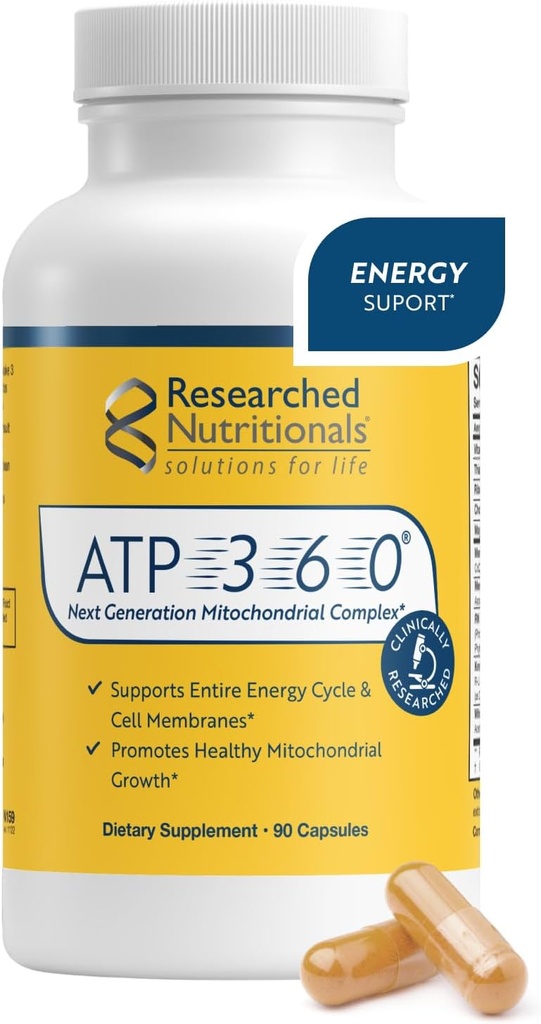 Araştırmalı Beslenme ATP 360 - Mitochondrial Supplements to Support Entire Energy Rise & Hücre Membranları - Klinik Olarak Araştırmalı ATP Supplements, High Dose CoQ10, R-Lipoic Acid & PQ, 90 Capsules