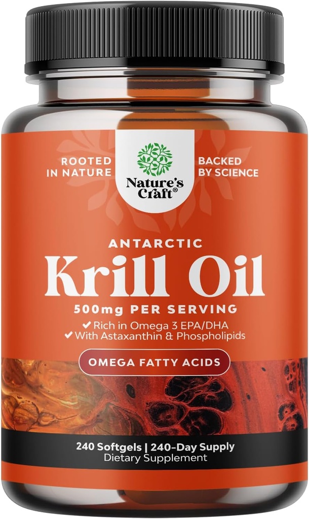 Antarktika Krill Oil 500 mg Softgels - Omega 3 Krill Oil Supplement with EPA DHA & Astaxanthin for Brain Joint & Heart - 3rd Party Lab Tested No Gluten GMOs or Fishy Aftertaste (Up to 8 Ay Supply)