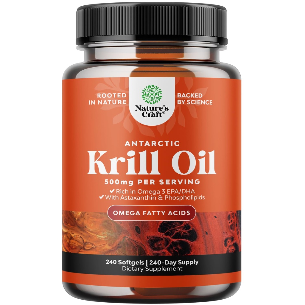 Antarktika Krill Oil 500 mg Softgels - Omega 3 Krill Oil Supplement with EPA DHA & Astaxanthin for Brain Joint & Heart - 3rd Party Lab Tested No Gluten GMOs or Fishy Aftertaste (Up to 8 Ay Supply)