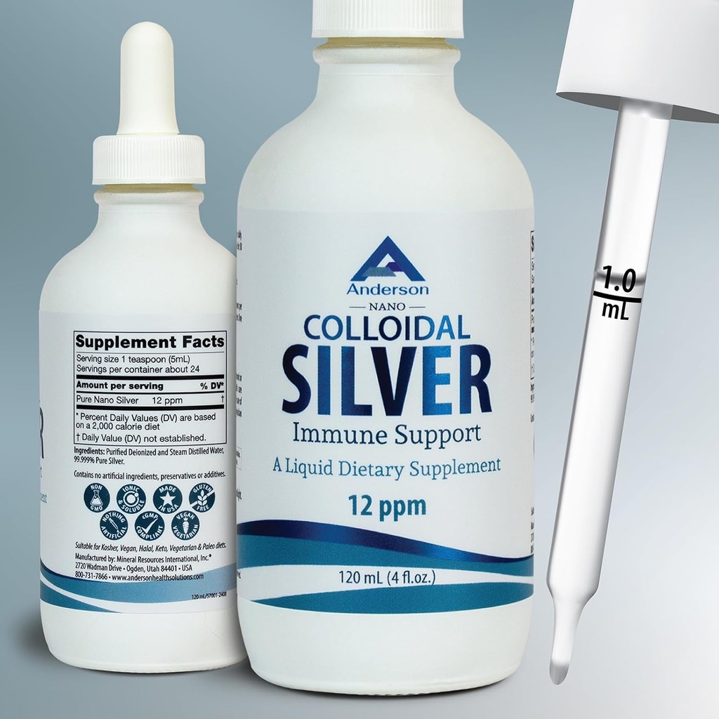 Immune Support için Nano Colloidal Silver Liquid, 12 PPM Deionized Silver, 4 Oz Glass Şişe Ölçümlü, 24 Hizmetler