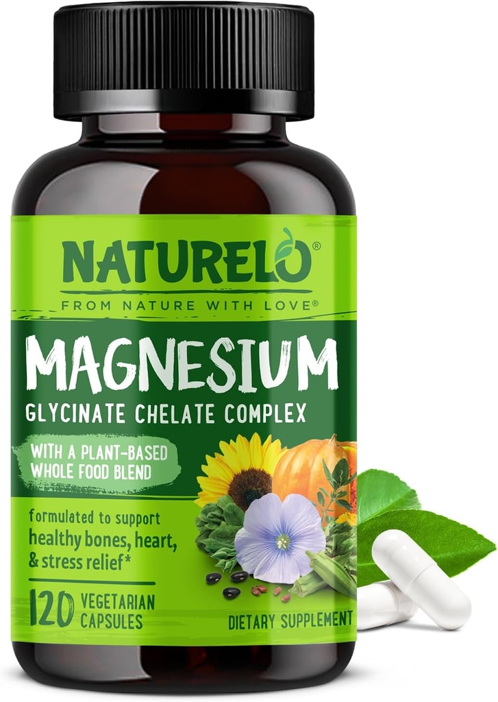 NATLO Magnezyum Glycinate Chelate Kompleksi - Organik Sebze Sebzeleri Uykuyu Desteklemek için 200 mg, Calm, Kas Cramp & Stres Yardımı - Gluten Free, Non GMO - 120 Capsules