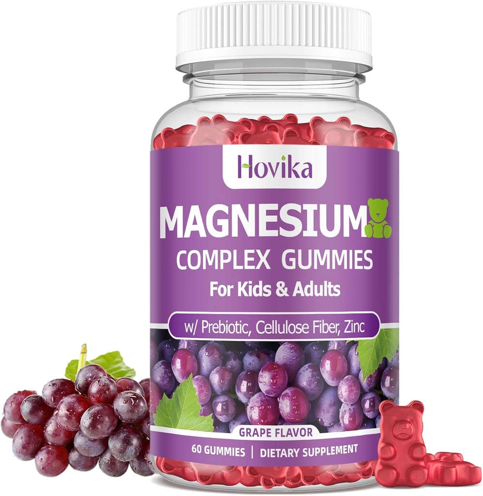 Çocuklar için Magnezyum Gummies - Magnezyum Glycinate, Citrate, Prebiyotik, çinko - Çocuklar ve Yetişkinler Magnezyum Kompleksi Çocuklar için Nerve Bone & Muscle Health, Vegan Grape Flavor 60 Kont