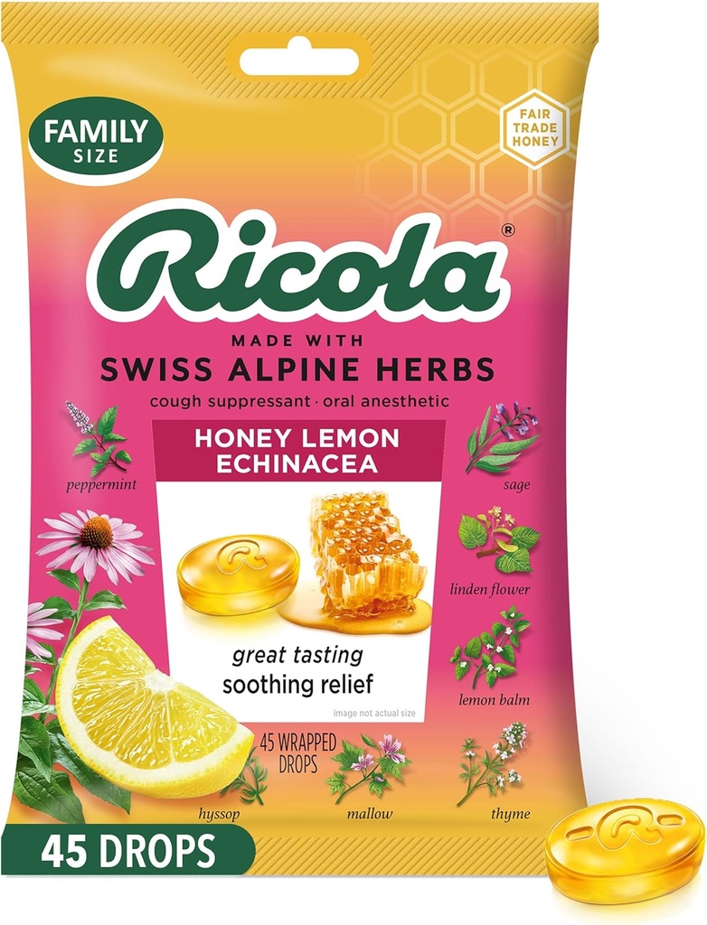 Ricola Honey Lemon with Echinacea Cough Drops, 45 Count, Delicious Throat Relief & Care, Oral Anesthetic, Naturally Flavored