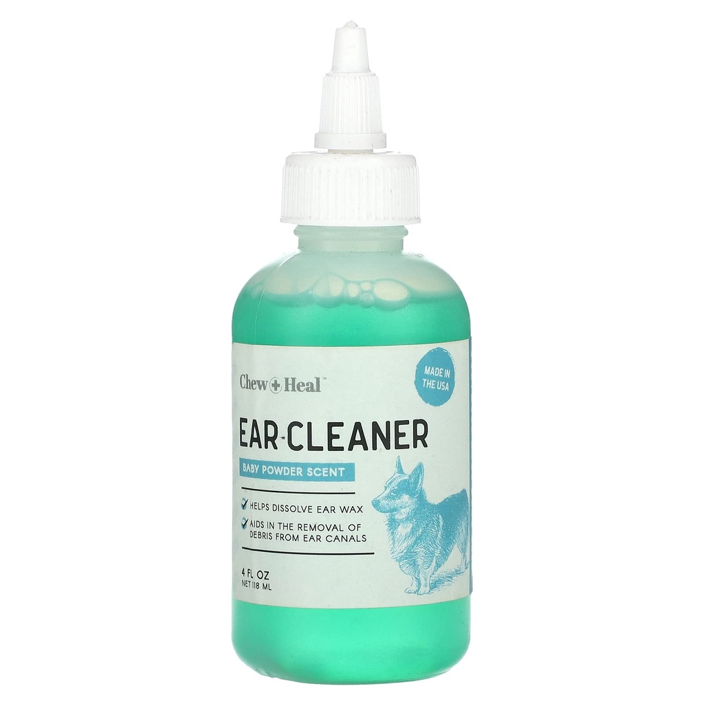 Chew + Heal Dog Ear Clean Solution | 4 oz Dropper | Pet Ear Wash for Dogs & Cats to prevent Infections & Take Wax | Soothing Aloe, Witch Hazel & Tea Tree Oil | Gentle, Vet-Approved Formula