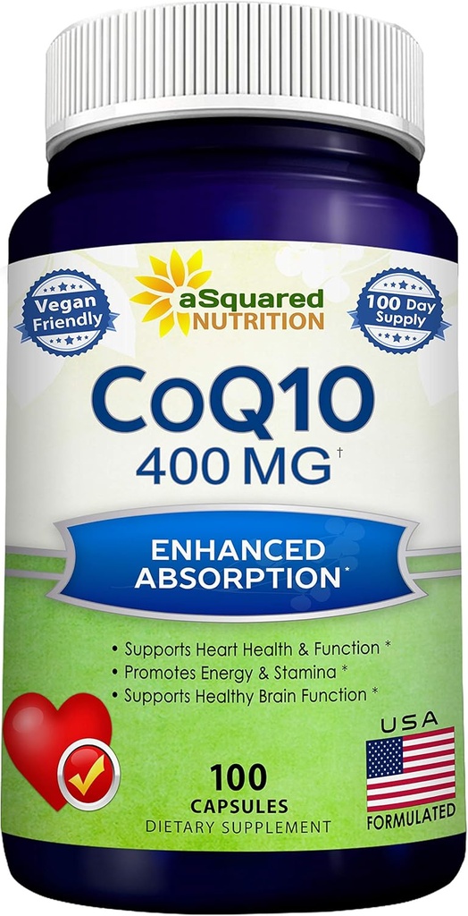 ASquared Beslenme CoQ10 (400 mg Max Strength, 100 Veggie Capsules) - Yüksek Abase Coenzyme Q10 Toz - Ubiquinone Supplement Pills, Ekstra Antioksi CO Q-10 Enzyme Vitamin Tabletleri, Coq 10 400 mg