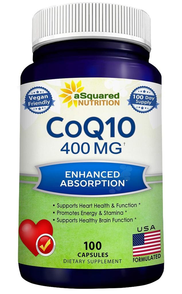 ASquared Beslenme CoQ10 (400 mg Max Strength, 100 Veggie Capsules) - Yüksek Abase Coenzyme Q10 Toz - Ubiquinone Supplement Pills, Ekstra Antioksi CO Q-10 Enzyme Vitamin Tabletleri, Coq 10 400 mg