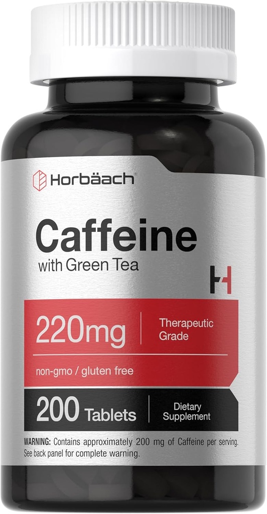 Horbäach Caffeine Pills 200 mg | Green Tea | 200 Tablet | Vegetarian, Non-GMO & Gluten Free