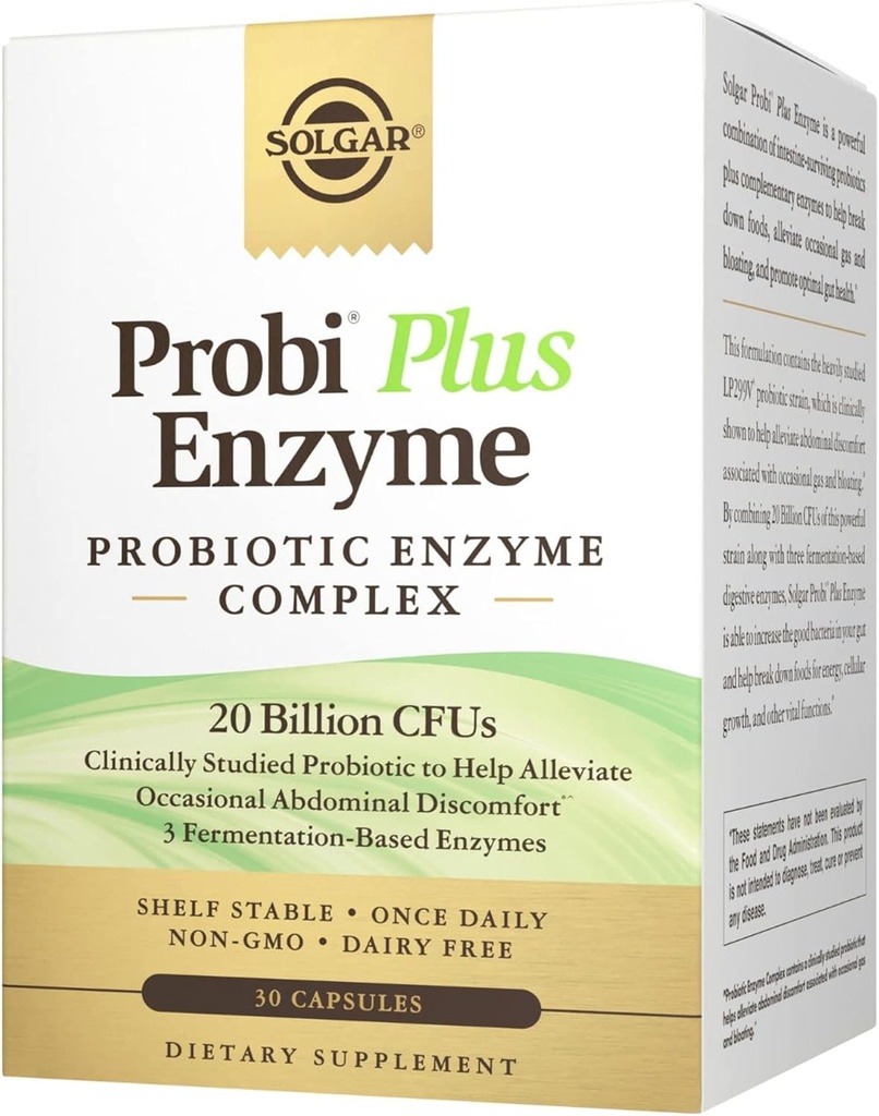 Solgar Probi Plus Enzyme Kompleksi, 30 Capsules - 20 Milyar CFU Probiyotik Plus Enzymes - Bir Kez - Klinik Olarak Occasional Gas & Bloating - Non-GMO & Dairy Free, 30 Servisler