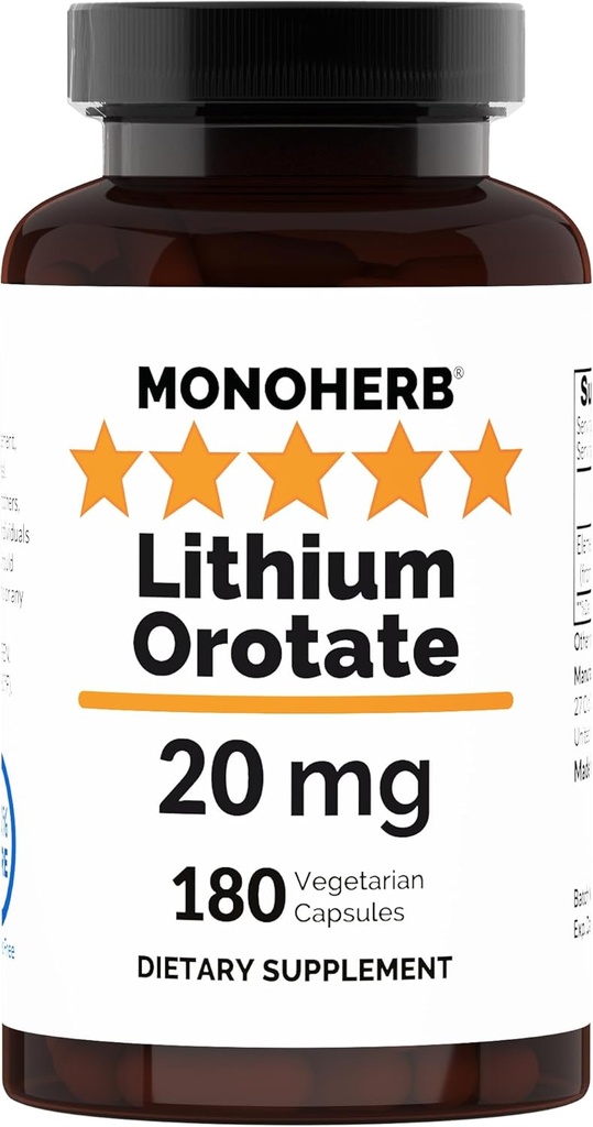 MONOHERB Lityum Orotate 20 mg of Elemental Lityum per Capsule - 180 Vegetarian Capsules