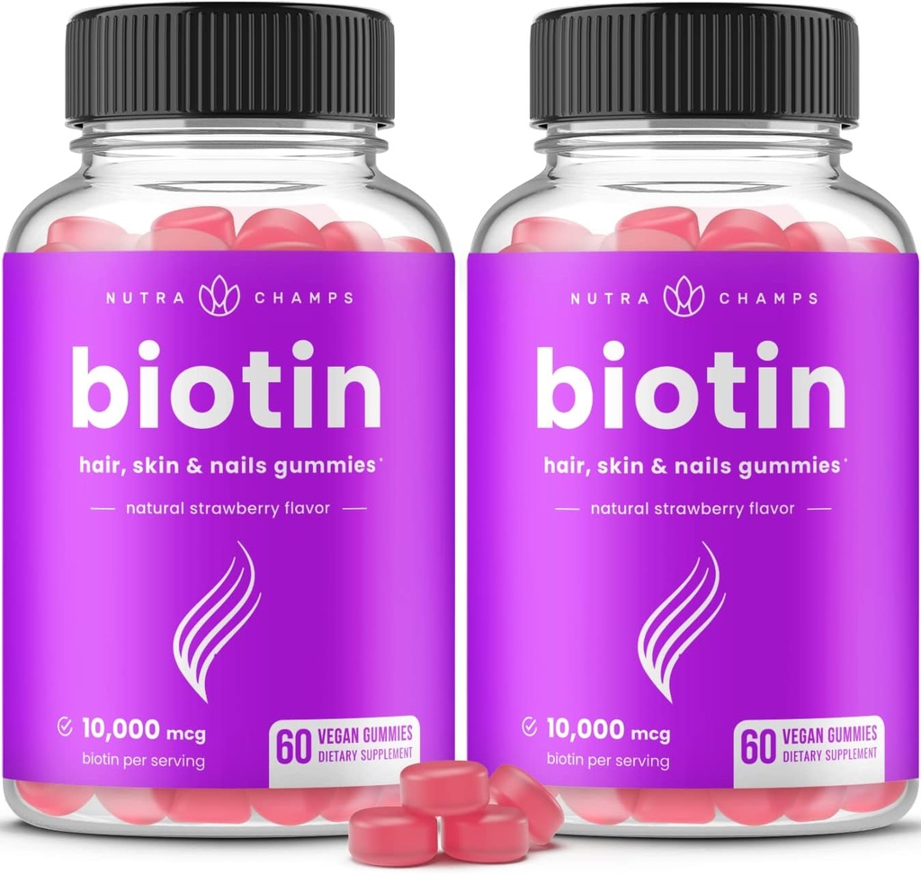 NutraChamps (2 Pack) Biotin Gummies 10.000 Live Hair, Skin & Nails for Yetişkinler & Çocuklar - Her Gummy Vitamini - Vegan, Non-GMO, Pectin-Based Hair Health Supplements