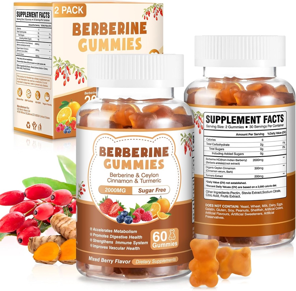 120 Kont Berberine Ekstraksiyon Gummies 2000 mg Doğal Organik Berberine Ekstraksiyon HCI Supplement with Ceylon Cinnamon Turmeric for Women Men Support Digestive Immune System Metabolism Karma Berry Flavor