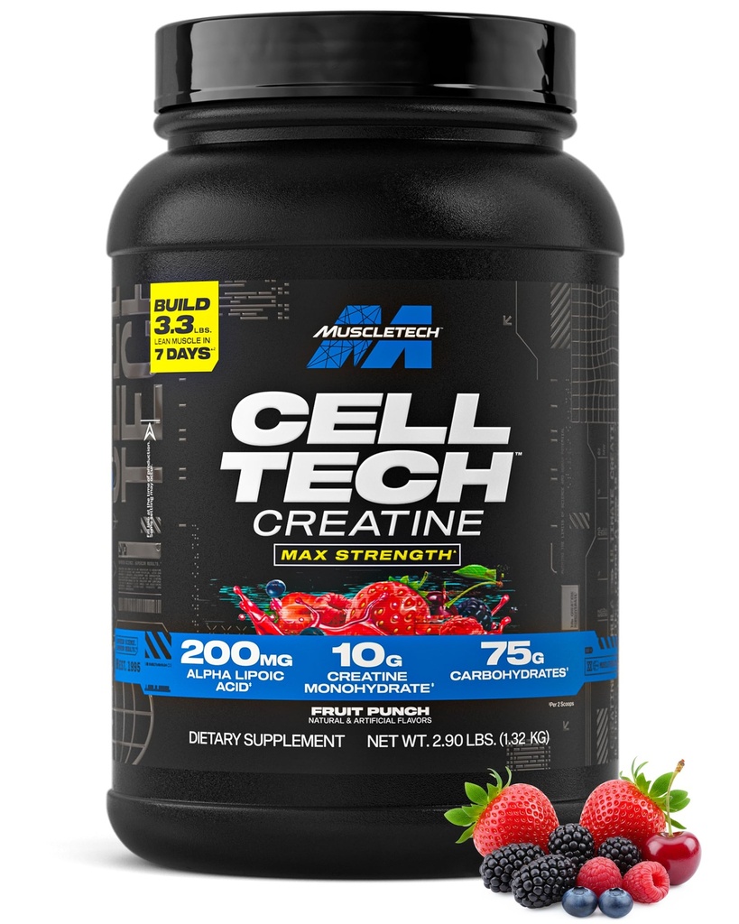 MuscleTech Creatine Monohydrate Powder Cell-Tech Creatine Post Workout Recovery Drink Muscle Builder Για άνδρες & γυναίκες Μύες Building Συμπληρώματα Punch φρούτων, 3 lbs (27 Serv)