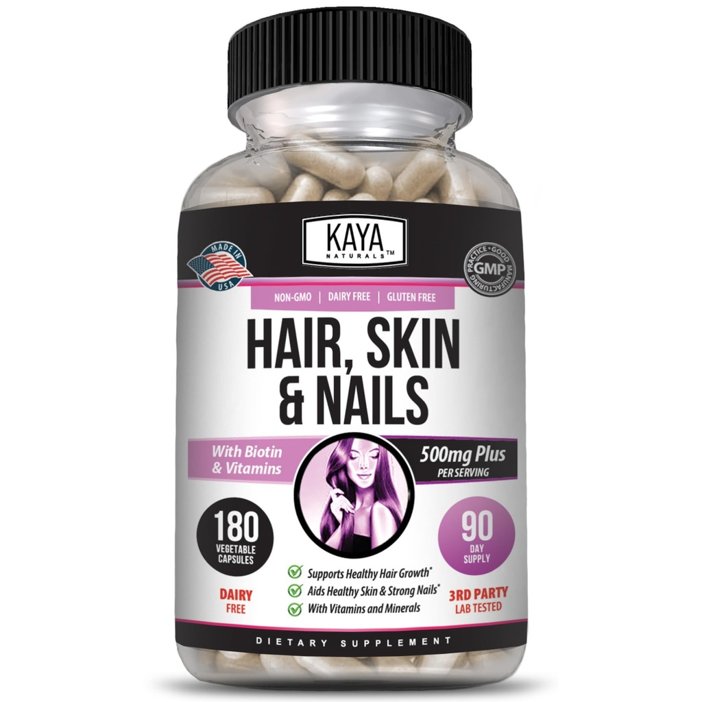 Kaya Naturals Hair Skin Capsules BIOTIN Vitamin D Vitamin B-12 A Folic Asit Desteği, Saç Destek Vitamini Tamam - 180