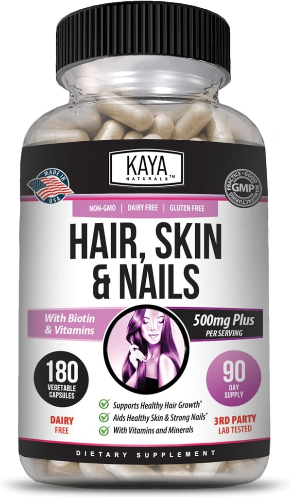 Kaya Naturals Hair Skin Capsules BIOTIN Vitamin D Vitamin B-12 A Folic Asit Desteği, Saç Destek Vitamini Tamam - 180