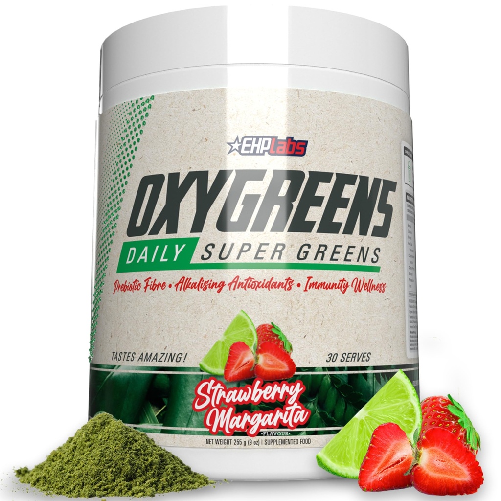 EHP Laboratuvarları OxyGreens Super Greens Toz - Spirulina & Chlorella Superfood, Green Juice & Greens Supplements with Prebiyotik Fibre, Antioksis & Immunity Support, 30 Serves (Strawb. Margarita)