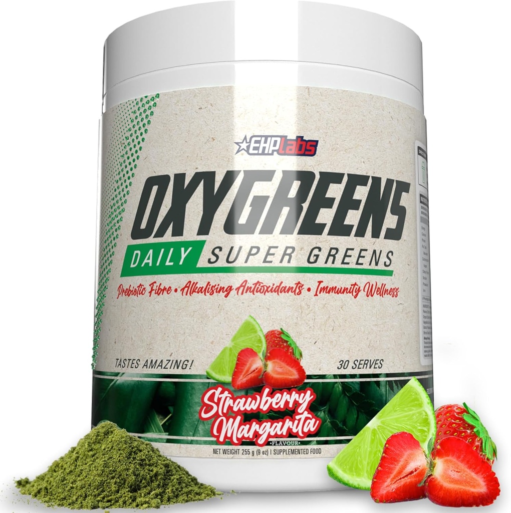 EHP Laboratuvarları OxyGreens Super Greens Toz - Spirulina & Chlorella Superfood, Green Juice & Greens Supplements with Prebiyotik Fibre, Antioksis & Immunity Support, 30 Serves (Strawb. Margarita)