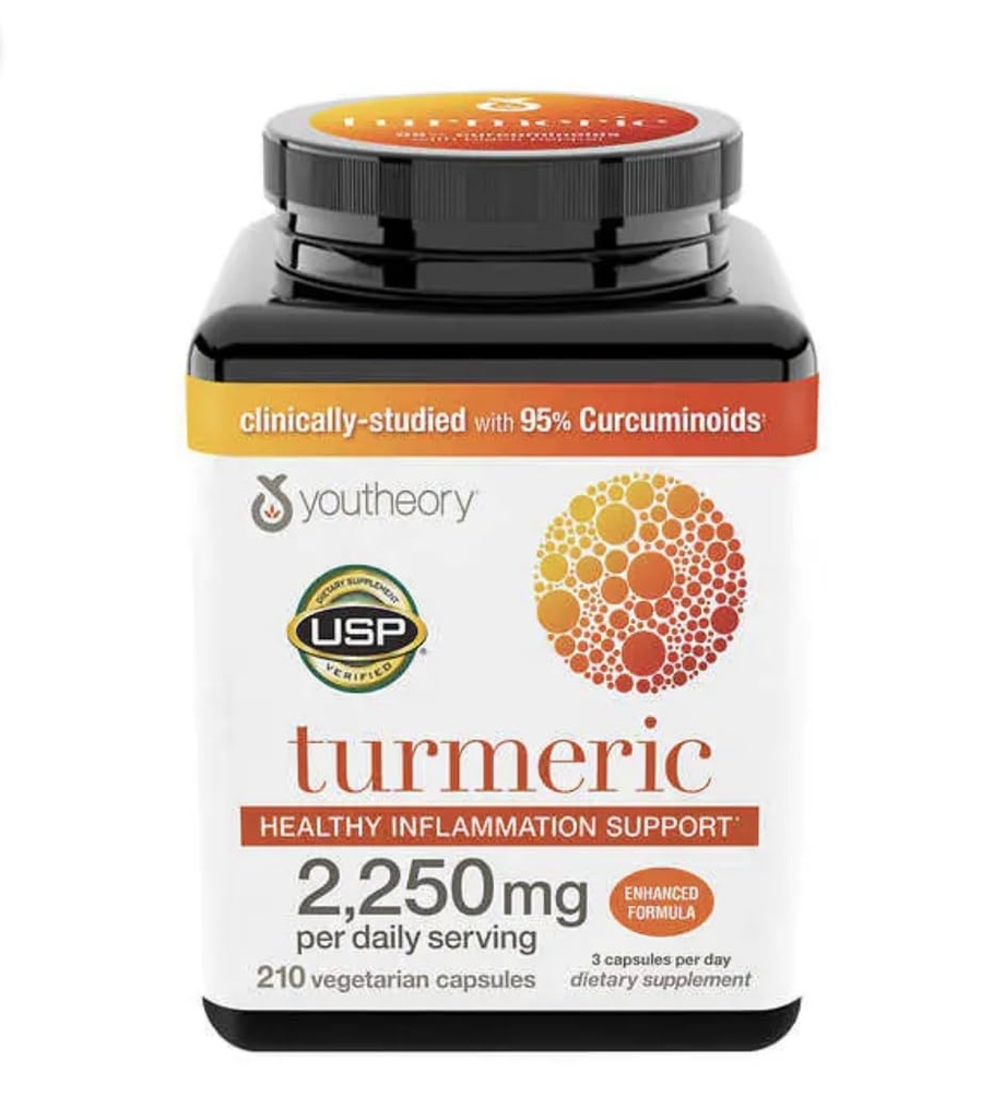Youtheory Turmeric Curcumin Supplement with Black Pepper BioPerine, Ortak ve Sağlıklı Inflammation Support 2250 MG 210 Capsules