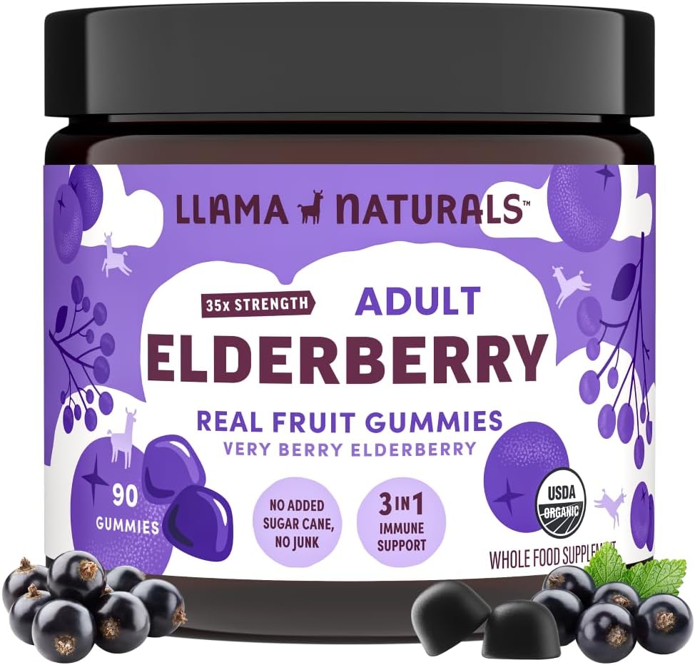 Llama Naturals Gummies Elderberry για ενήλικες, Vegan, συμπλήρωμα οργανικής ανοσοποιητικής υποστήριξης με βιταμίνη C και ψευδάργυρο, βιταμίνες πραγματικής κρέμας φρούτων για την ανοσία, μασώμενα, χωρίς προσθήκη ζαχαροκάλαμου, 90 Ct