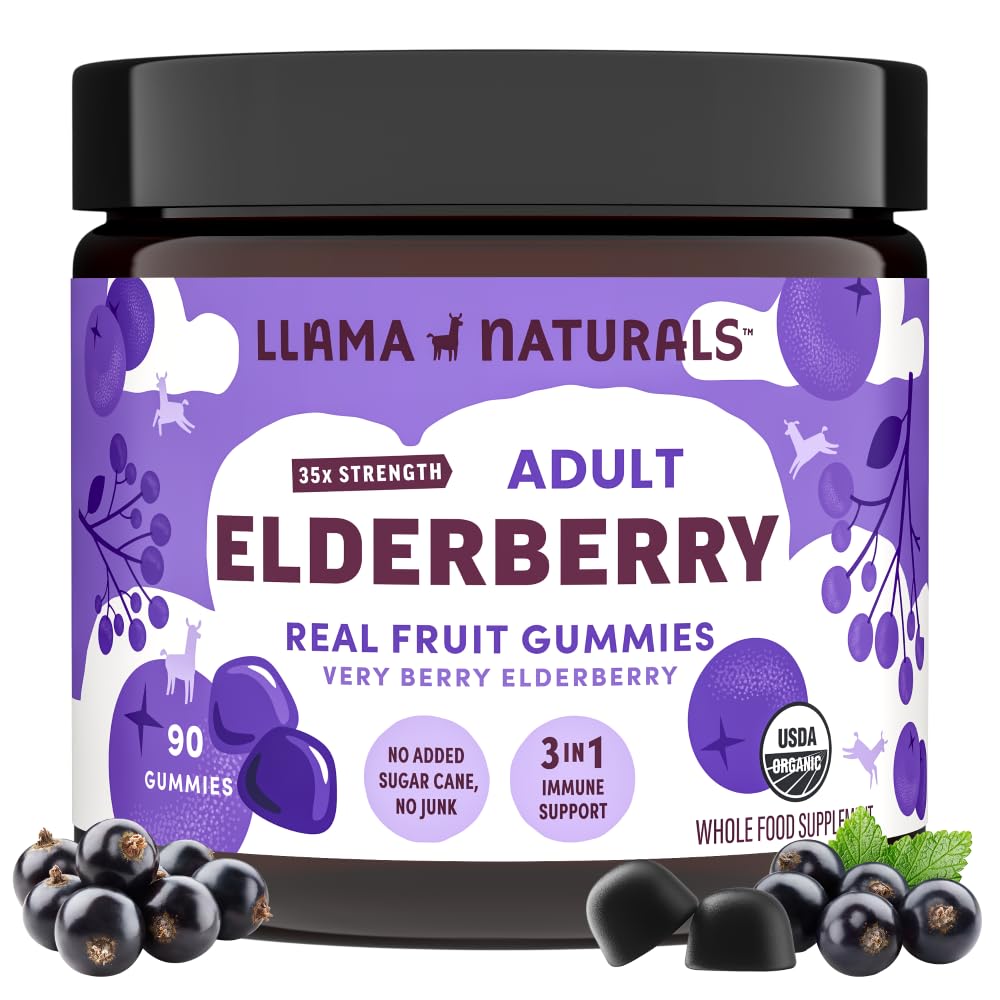 Yetişkinler için Llama Naturals Elder Gummies, Vegan, Organik Immune Support Supplement with Vitamin C and çinko, Real Fruit Gummy Vitamins for Immunity, Chewable, No added Sugar Cane, 90 Ct