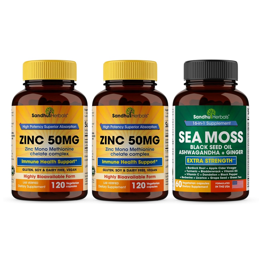 Sandhu Herbals çinko 50 mg & Sea Moss Black Tohum Petrol Ashwagandha Ginger Burdock Root Supplement for Men & Women / Made in USA