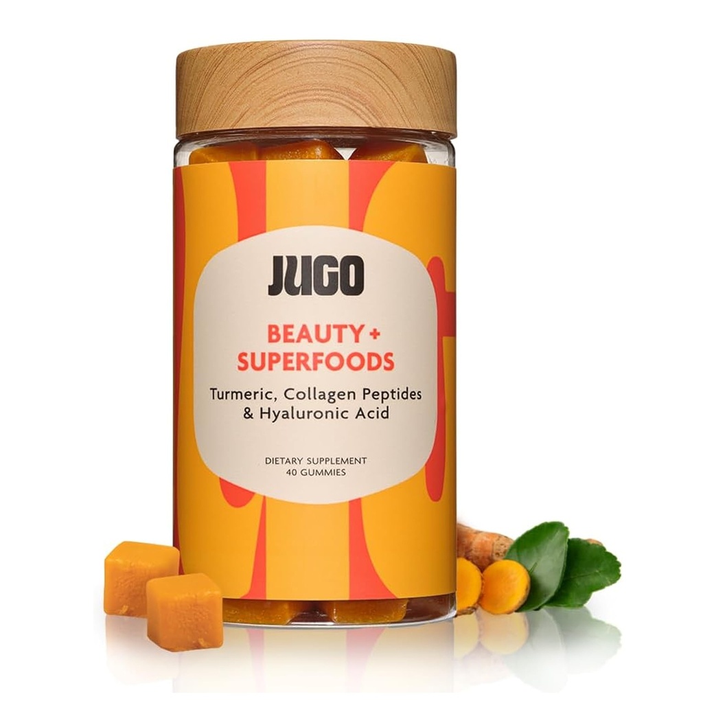 JUGO Beauty + SFOODS | Hair Skin Nails Supplement with Hyaluronic Acid & Turmeric | 40 Kont Plant-Based Gummies | Gelatin-Free, Non- GMO, Made in USA